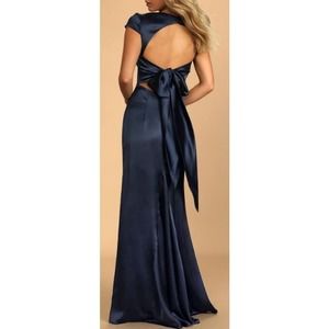 LULU'S M Celebration of Romance Navy Blue Satin Tie-Back Maxi Dress